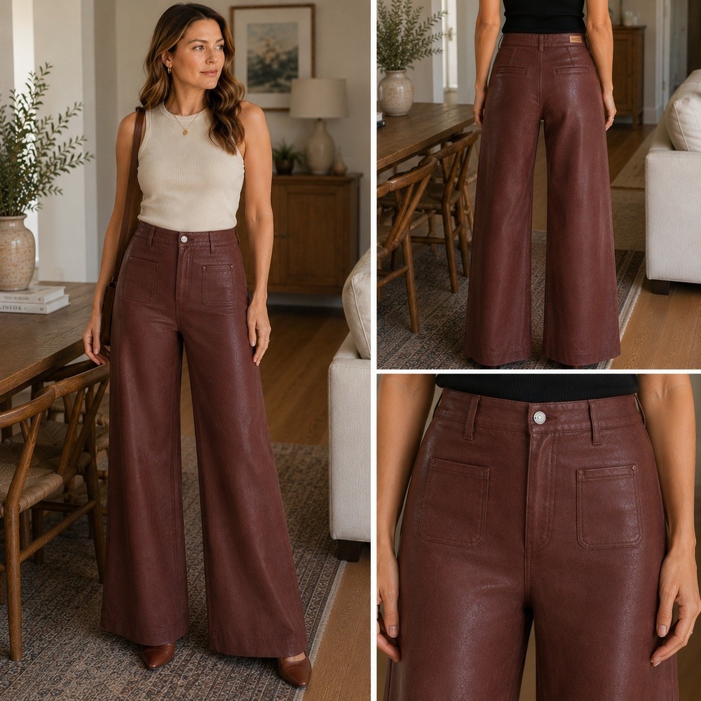 PAIGE Leenah Wide Leg Soft Coated Twill Pants Burnt Umber Anthropologie 33 NWT